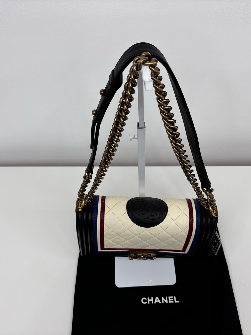 CHANEL Lambskin Quilted Crest Enbellished Boy Bag